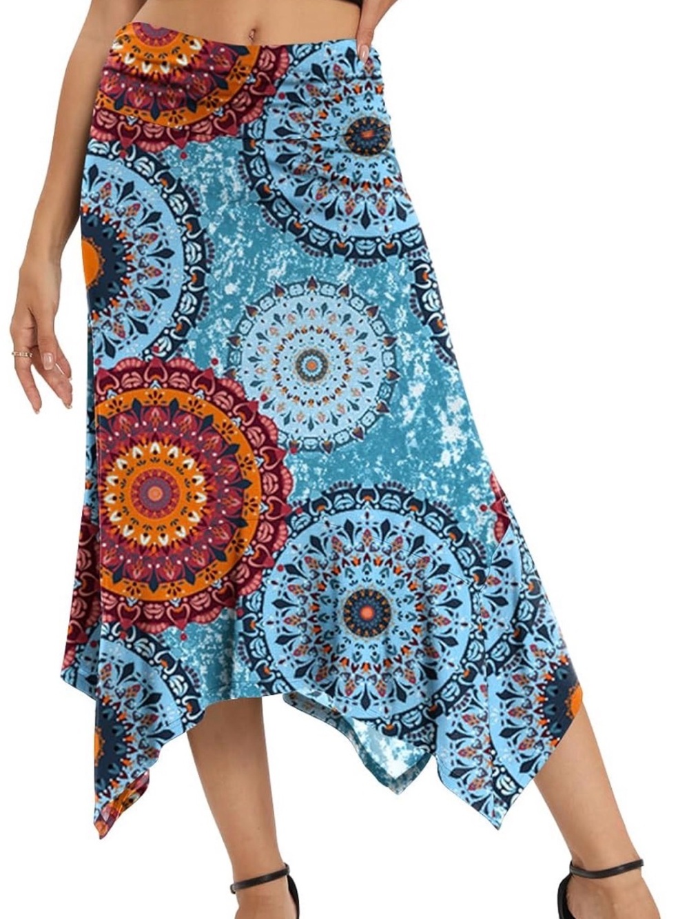 PrinStory Boho Mandala Handkerchief Hem Midi Skirt Size Small